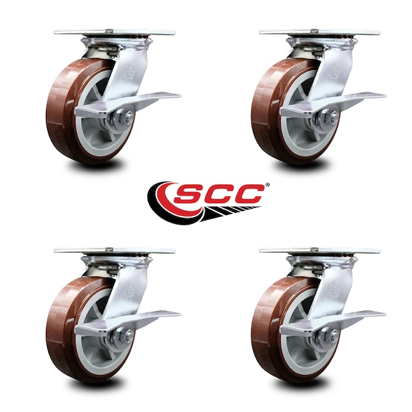 6 Inch Heavy Duty Polyurethane Caster Set with Roller Bearings and Brakes SCC